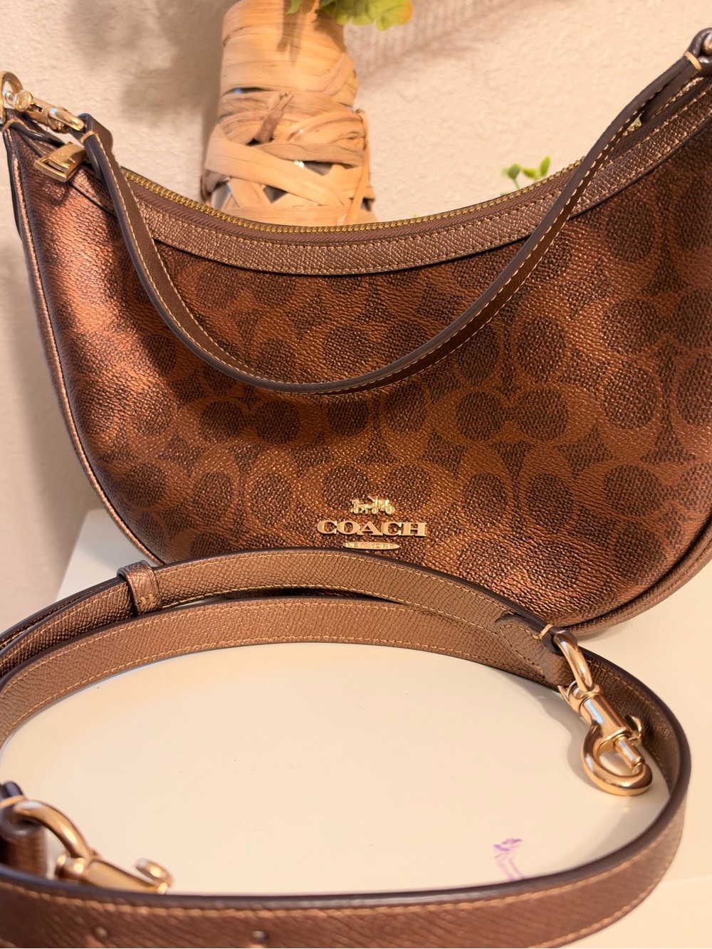 Coach Bronze Coffee Brown Aria Crescent Bag